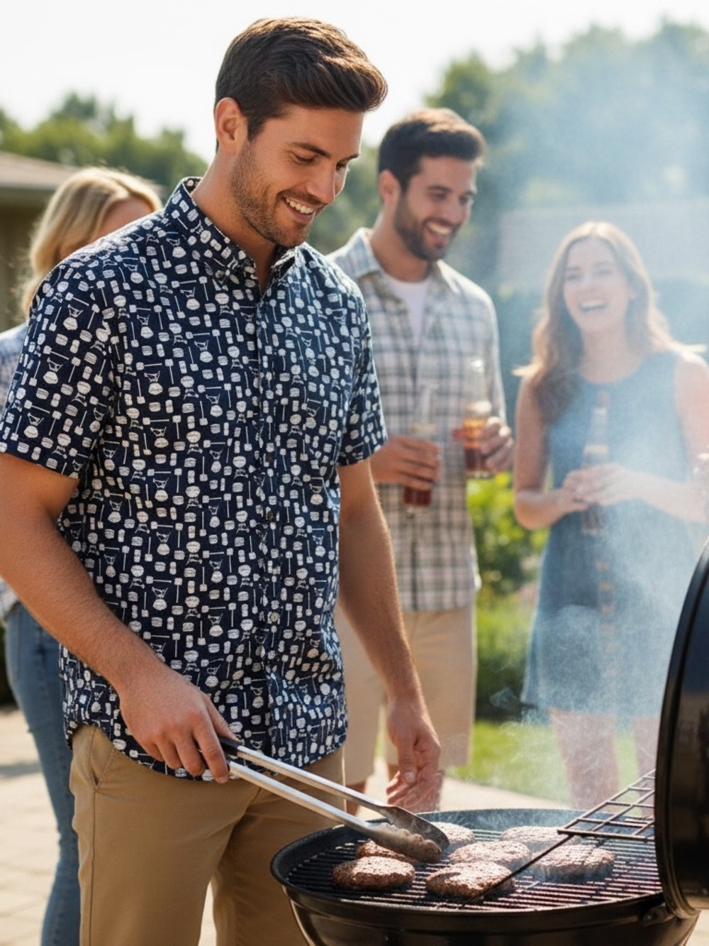 🍔 Men’s Navy Short-Sleeve Button-Down Shirt Beer Burger Grilling Comfort Stretch